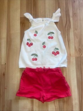 Girls White Cherry Print Tank Top and Red Shorts Set size 3T